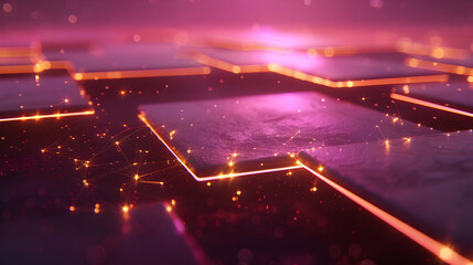 Wall Mural - Abstract image a glowing purple grid orange lines sparkling particles, representing digital connectivity network technology.