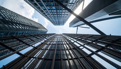 Poster - _Looking up view of the skyscraper with steel rebar .