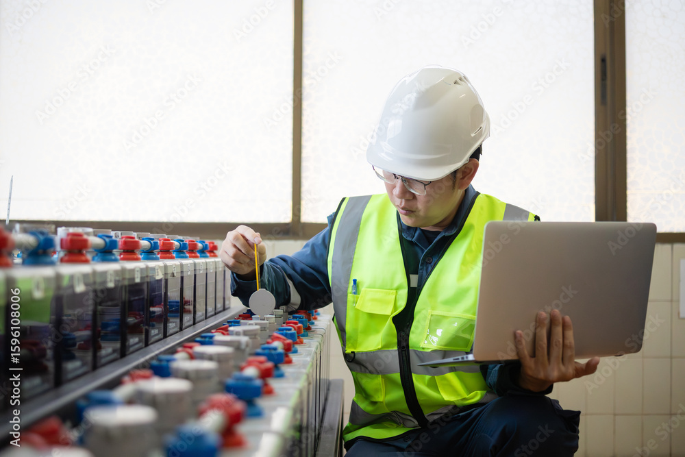 Stock-Foto „Engineer wearing safety helmet and vest performing battery ...