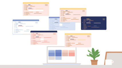 Illustration of a laptop with code windows and a plant on a desk, depicting software development