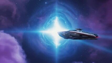 Wall Mural - futuristic spaceship traverses a swirling wormhole, journeying through a vibrant purple nebula and e