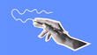 © ApoevArt - Stylized halftone illustration of a hand creating a wavy line on a blue background. Monochrome hand contrasts with vibrant blue, showcasing creativity and artistic expression.