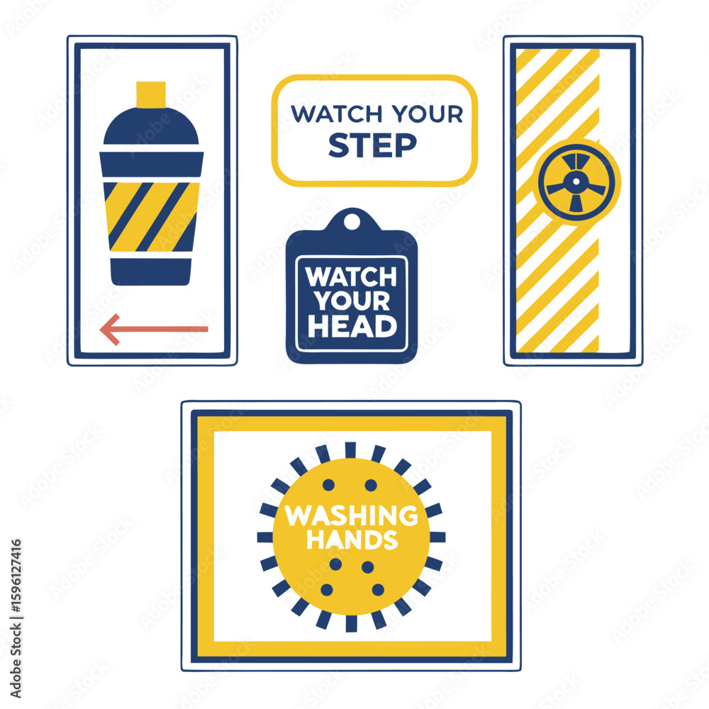 Warning signs for hazards and hygiene safety signs hazard symbols Stock ...