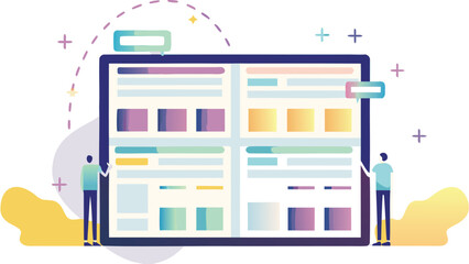 Illustration of a large screen displaying multiple web pages with two people standing beside it