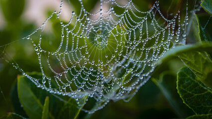 Dew-kissed Spiderweb: Macro Photography of glistening morning dew on a spider's intricate web, nestled amongst lush green foliage.