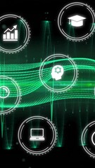 Wall Mural - education and technology icons floating over green wave animation background