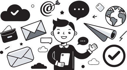 Cheerful person with communication and business icons