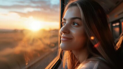 Wall Mural - a person looking out a train window as the sun sets outside, with clouds and landscape visible