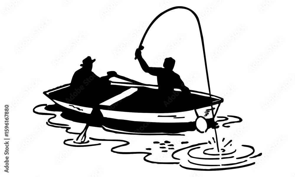 Two Men Fishing in a Boat on Water Silhouette Vector with Splash Effect ...