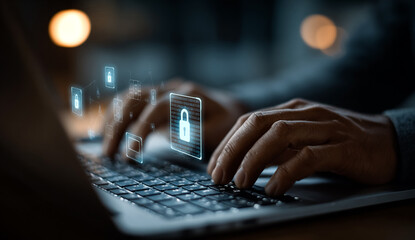 Person types on laptop with security icons overlay. For marketing, web, tech, IT security.