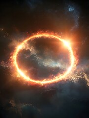 Wall Mural - A glowing orange ring of fire surrounded by dark clouds and space with stars in the background view