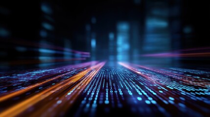 Binary code digital stream in futuristic city