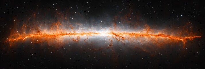 Wall Mural - A panoramic view of a galaxy with orange and white nebula against a starry dark space background