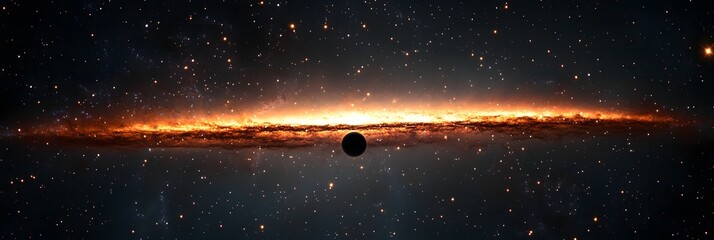 Wall Mural - A distant galaxy with a bright orange center and a dark planet in the foreground amidst many stars