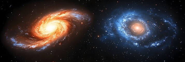 Wall Mural - Two spiral galaxies with bright cores and swirling arms against a dark starry background view