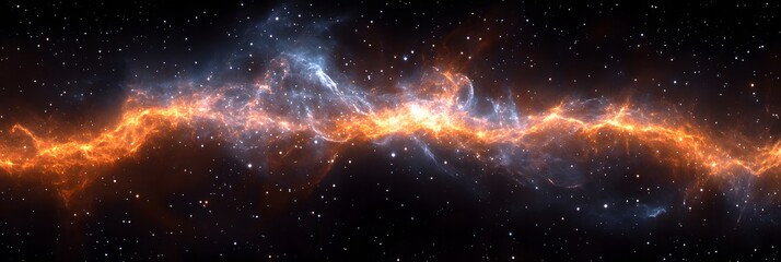 Wall Mural - A cosmic panorama showcasing a vibrant orange and blue nebula amidst a field of twinkling stars
