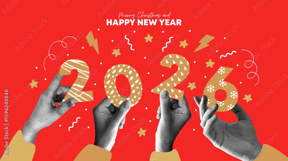 Merry christmas and Happy new year collage design. With hands holding ...