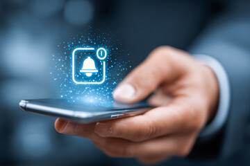 Man holds phone, notification alert icon pops up. Illustrates connectivity, digital communication, UX design. Use for marketing, web design.