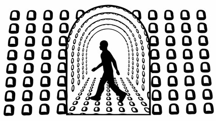 Wall Mural - Silhouette of a person walking through a tunnel formed by repeating shapes on a white background design