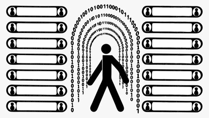 silhouette figure walking through binary code archway with profile label blocks on either side