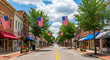 © designartwork28 - American Flags Decorate Main Street USA sunny main street lined with shops and flags hanging from trees main street town street american flags small town