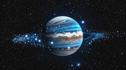 Wall Mural - A stunning 3D, 4K depiction of Jupiter, showcasing its swirling atmosphere and vibrant colors against a starry backdrop. Bright celestial bodies accentuate the planet's beauty in deep space.