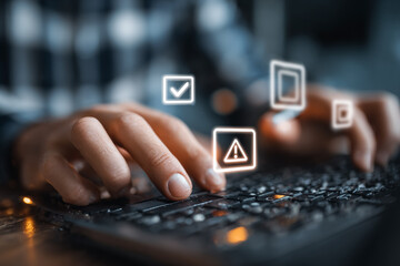 User types on laptop with glowing icons; concepts include problem-solving, testing, coding. Useful for tech, security, business marketing, design, web.