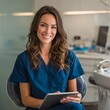 © Ouzhan - A friendly dentist smiling, holding a tablet while sitting in a dentist's chair