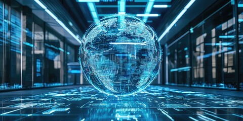 Wall Mural - transparent ai data globe floating in center of innovation studio