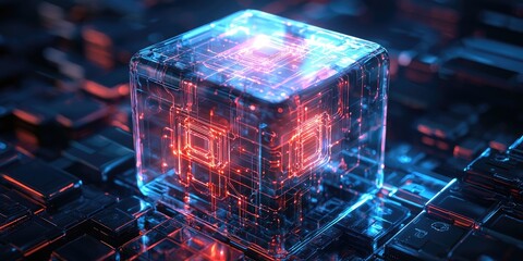 Wall Mural - artificial intelligence core glowing inside a transparent cube in a lab