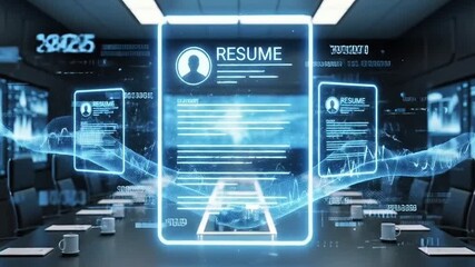 Resume in Digital World: A futuristic conference room showcases a glowing digital resume floating above a conference table, set with information.