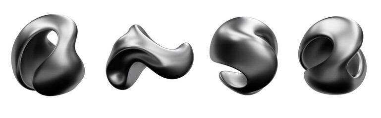 3D rendering smooth, abstract metallic form in dark chrome. Dynamic twist shape design element set