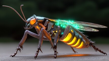 Futuristic insect, glowing, forest background,  profile view, for tech concept