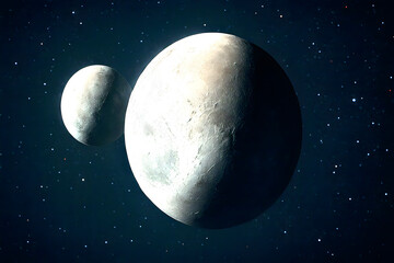 3d illustration of pluto and moon in space.