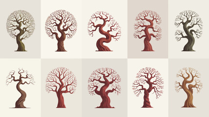 Collection of stylized bare trees with intricate branches and trunks