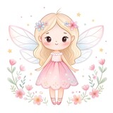 Cute blonde fairy girl in pink dress with delicate wings and flowers