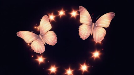 Wall Mural - glowing butterflies with sparkling stars on dark background.