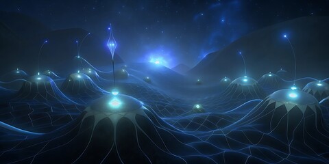Futuristic abstract city with glowing blue structures and digital networks under a starry sky.
