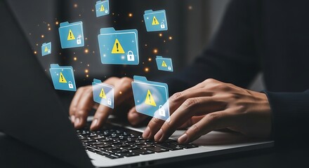 Cybersecurity threat protection concept with digital files and warning icons