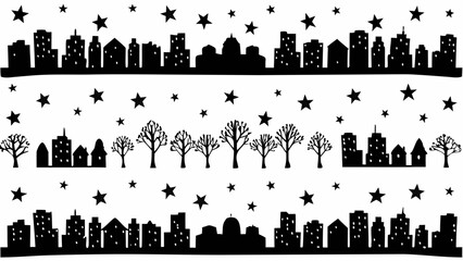 Wall Mural - Black and white silhouette of cityscapes and trees with stars scattered above on a white background design