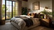 © Wasin Arsasoi - Elegant Bedroom Oasis: A luxurious bedroom bathed in soft sunlight, showcasing a meticulously designed interior with a comfortable bed, stylish furnishings, and scenic views from a large window.