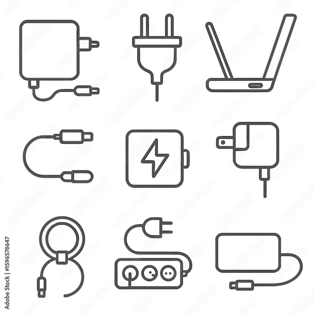 Charger Line Icons. Line style icons of laptop and device chargers ...