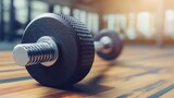 Close-Up of a Heavy Dumbbell on a Wooden Floor in a Gym Setting