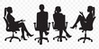 © Agastya 897 - Silhouettes of business people sitting, men and women sit on armchair, office chair with laptop, tablet, front, side view. Vector illustration isolated black on white background. Icons set, bundle