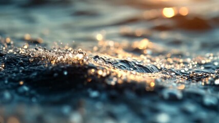 Wall Mural - Close Up of Sparkling Water Drops on Dark Blue Waves at Sunset
