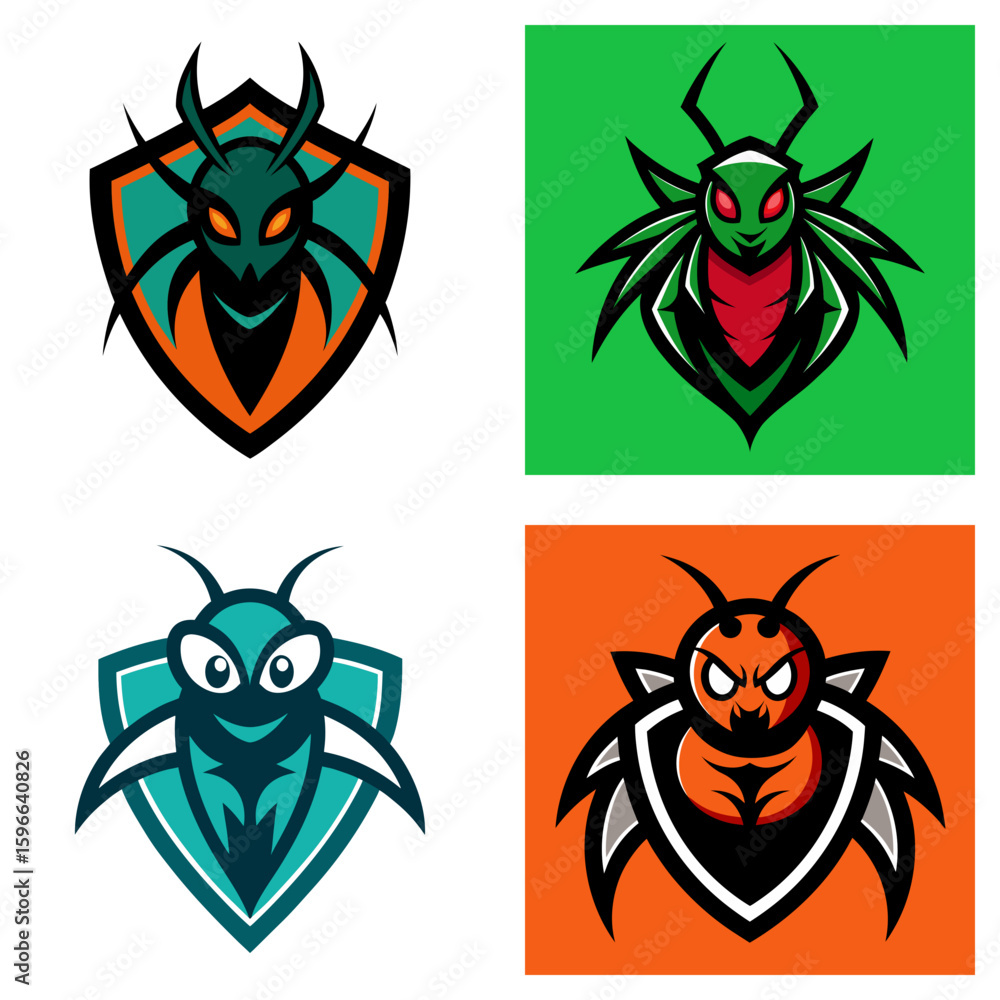 Strong Insect Logo Four insect mascot logos with shields displaying different designs and ...