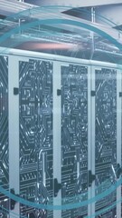 Wall Mural - animation of round scanner with copy space and microprocessor connections against server room