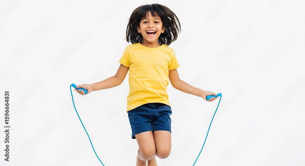 Happy Child Rope Joyful young child with curly hair happily jumping rope on a white ...