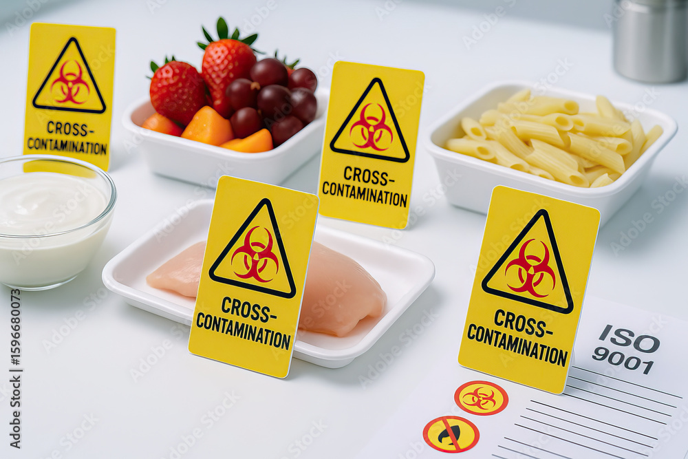 Cross contamination warning signs placed near raw chicken, fruit, pasta ...