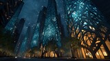 Futuristic night city with glowing blue lattice skyscrapers and warmly lit interiors, under a starlit sky with visible constellations